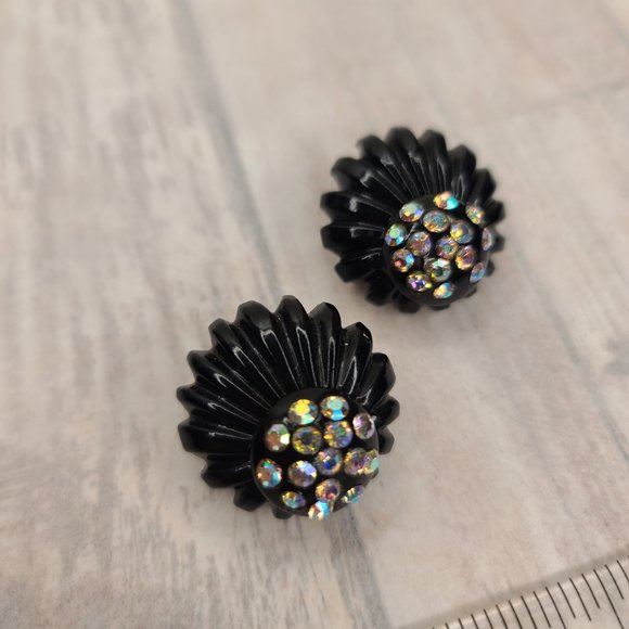 Black Lucite Carved Earrings with AB Crystals. Vintage Pinup Retro Goth - Picture 2 of 9